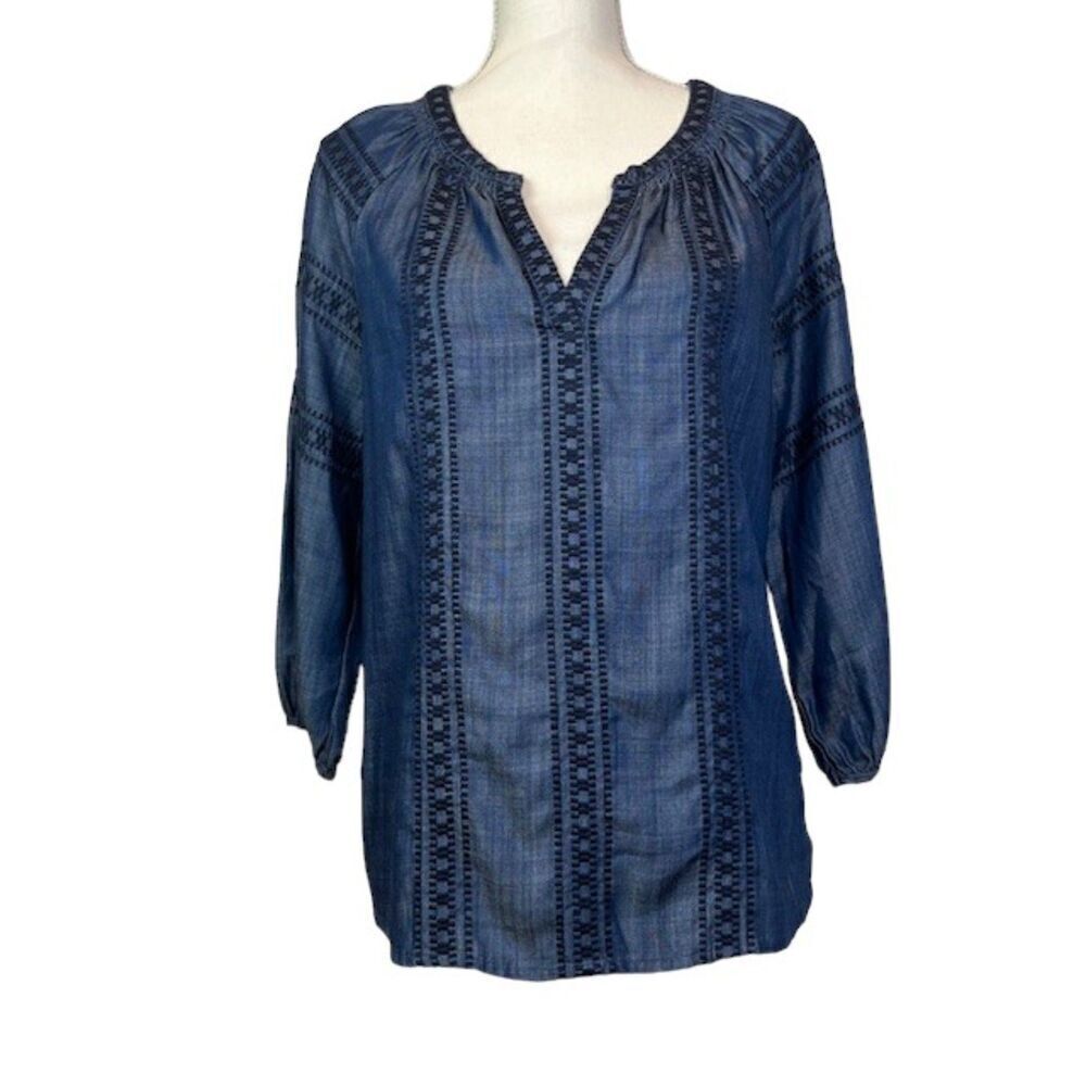 Skies Are Blue Dark Chambray Peasant Blouse Boho with Embroidery Size Medium